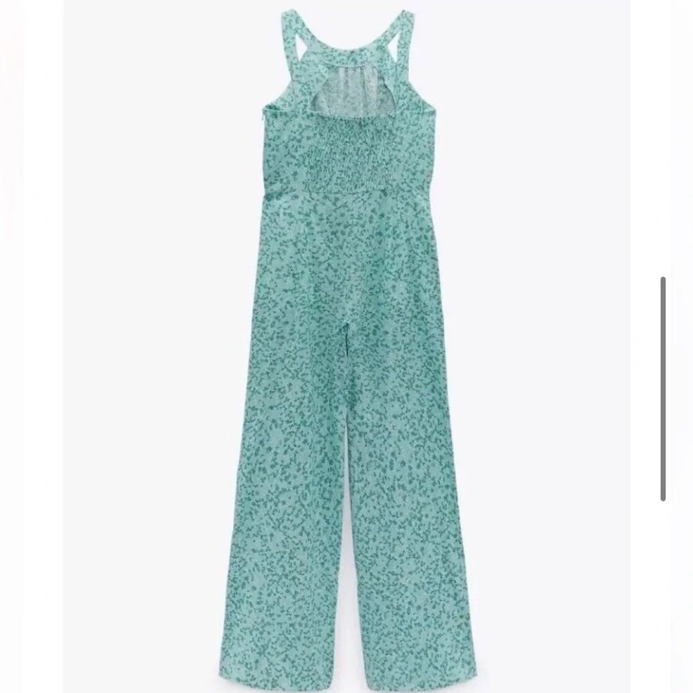 ZARA NECKHOLDER OVERALL LINEN BLEND FLORAL FLOWERS GREEN JUMPSUIT Size XS